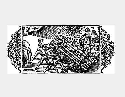 “A crowd of peasants are attacking the castle of a cruel bailiff“ from: Olaus Magnus, Historia de Gentibus Septentrionalibus, Rome 1555