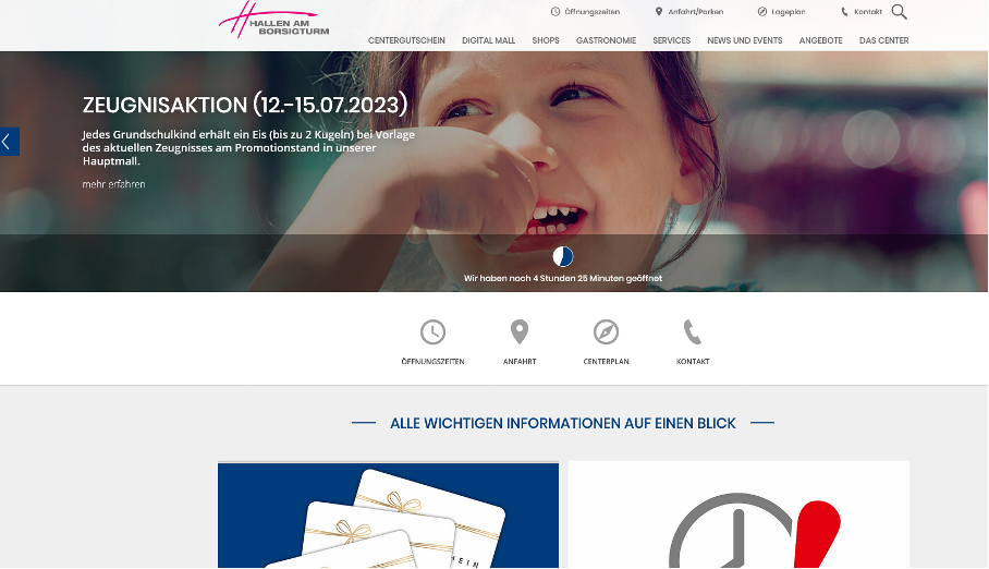 Zeugnisaktion um das Zentrum attraktiver für Anwohner zu machen. Screenshot der Website der Hallen am Borsigturm.